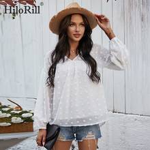 HiloRill 2021 Spring Summer Loose Casual Lace Chiffon Blouse Women V Neck Polka Dot Shirt Transparent Long Sleeve Chic Tops 2024 - buy cheap