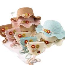 Kids casual flower straw hat and bags Children girls Two pieces set Shoulder bag +sun hat Baby holiday beach panama cap gorros 2024 - buy cheap