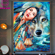 Diamond Embroidery Indian wolf sale Rhinestone 5D DIY Diamond Painting Cross Stitch Tribal girl feathers full square round drill 2024 - buy cheap