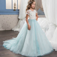 Vestidos flor azul para meninas, vestido de baile de casamento, vestido de tule, apliques, pérolas, vestidos longos de primeira comunhão para meninas 2024 - compre barato