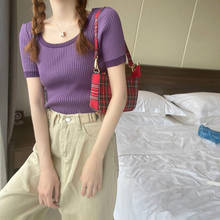 2020 Summer Lilac Tops Women Patchwork Square Collar Ribbed Knitting T Shirt Slim Elastic Short Sleeve Shirt Cropped Tshirt Tee 2024 - buy cheap