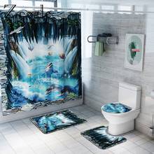 Ванная комната Ковер Душ занавес 3D Дельфин Bath Mat Set Waterproof занавес ванной комнаты фланель Мягкий коврик для ванной Крышка унитаза 2024 - купить недорого