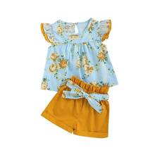 1-4Y Toddler Kid Baby Girl Clothes Brand Floral Print Ruffle Top T-shirt +Shorts 2pcs Outfit Summer 2024 - купить недорого