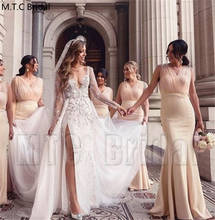 Champagne Mermaid Long Bridesmaid Dresses V Neck Pleat Tulle Plus Size Maid Of Honor Dress Wholesale Wedding Party Gowns Cheap 2024 - buy cheap