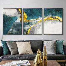 Pintura en lienzo de paisaje abstracto moderno para sala de estar, carteles e impresiones de moda, color verde, azul y dorado, 3 uds. 2024 - compra barato