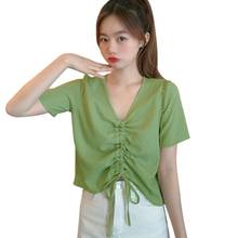 Women's V Neck Pleated Loose Blouses Summer Korean Style Solid Color Short Sleeve Shirt Tops 2024 - buy cheap