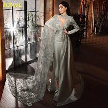 Dubai Gray Mermaid Evening Gowns Sheer High Neck Lace Appliques Sweep Train Prom Dresses Satin Long Sleeve Robe De Soiree 2024 - buy cheap