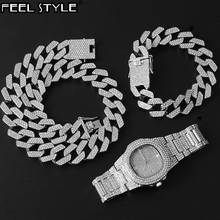 Hip Hop 20MM 3PCS KIT Watch+Necklace+Bracelet Bling AAA+ Iced Out Alloy Rhinestones Prong Cuban Link Chains For Men Jewelry 2024 - buy cheap