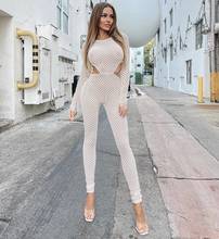 High Street White Elegant Mesh Fabric Hollow Out Women Jumpsuit Sexy Fashion Full Sleeve Bandage Jumpsuits 2024 - buy cheap