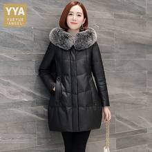 Winter Down Coat Women Parkas Genuine Leather Hooded Jacket Thick Warm Loose Fit A-Line Long Jackets Streetwear Female Overcoat 2024 - buy cheap