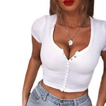 2020 New Hot Fashion Women Sexy Short Sleeve Solid Color Crop Top Summer Round Neck Buttons Slim Blouse Pure Color 2024 - buy cheap