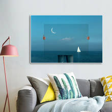 Póster de arte de pared de barco de Océano Azul nórdico, paisaje de luz de luna nocturna, lienzo, Imágenes, Cuadros, decoración moderna para el hogar y sala de estar 2024 - compra barato