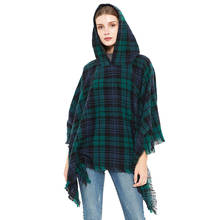 Chal a cuadros para Primavera, otoño e invierno, con borlas verdes, capa con flecos de hilo, con capucha, Poncho, Pashmina, Tops envolventes 2024 - compra barato