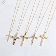 1PC New Zircon Crystal Cross Necklace For Women Vintage Rainbow Cross Pendant Choker Clavicle Chain Collar Female Jewelry N122-4 2024 - buy cheap