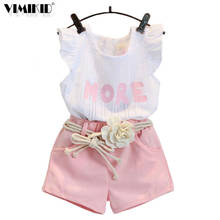 Summer Girls Fashion Set Letter MORE Flying Sleeve Top Shorts Belt 3 Piece Set Girl Clothes Set Cotton Apparel 2024 - buy cheap