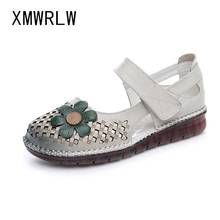 Xmwrlw sandálias femininas de couro legítimo, laço de gancho confortável artesanal para o verão, sandálias para mulheres, sapatos baixos 2024 - compre barato