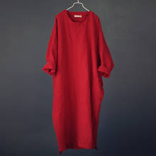 Vestido de lino y algodón de manga larga para mujer, de Color liso ropa Vintage, con bordado de manga de murciélago, para otoño, 2021 2024 - compra barato