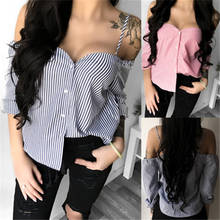 Blusa feminina ombro de fora bordado listrado manga comprida camisa sling sexy ombro de fora blusa curta 2024 - compre barato