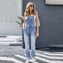 2021 New Light-Colored Suspender Pants Women's Frayed Worn Loose Jeans Casual Button Pocket Streetwear Slim Blue Denim Jumpsuits 2024 - buy cheap