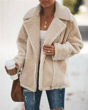 Moda do falso casaco de pele das mulheres 2019 outono inverno quente macio com zíper casaco de pele feminino de pelúcia bolso casual outerwear 2024 - compre barato