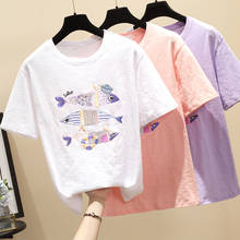 Harajuku Women Summer Casual Plus Size 3XL T-Shirt Fish Sequin Purple Pink White Tshirt Cotton Short Sleeve Tops Clothes 2024 - buy cheap