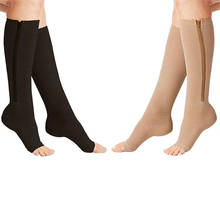 Meia compressão feminina zíper preto, meia calça emagrecedora perna suporte dedo aberto meias altura coxa 2024 - compre barato