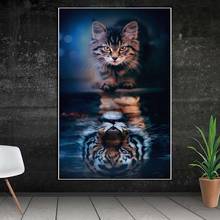 Criatividade moderna arte da parede pintura impressão tigre e gato na lona poster arte decoração casa quarto decoração sem moldura 2024 - compre barato