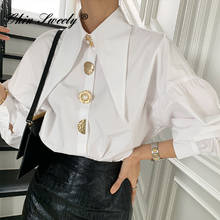Женская блузка с отложным воротником, однотонная элегантная Корейская блузка на пуговицах с длинными рукавами-фонариками, весна 2021 2024 - купить недорого