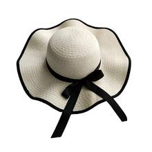 Sombrero de cubo con lazo para mujer, sombrero de paja ondulado de ala ancha, protector solar para playa al aire libre, 2021 2024 - compra barato