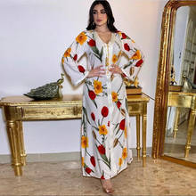 Ramadan Eid Silky Printed Floral Abayas Maxi Dress Women's fashion Islamic Long Muslim Robes Arabic Turkey Clothes F2787 2024 - buy cheap