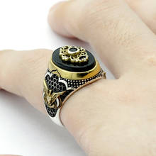 Novo estilo de anel de ágata preta turca antiga de prata esterlina autêntica com zircônia, estilo punk colorido para homens 2024 - compre barato