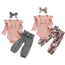 Three Piece Baby Girls Clothes Fresh Solid Color Long Sleeve Jumpsuit and Stripe Floral Long Pants with Headband 2024 - buy cheap