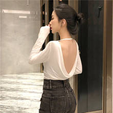 Camiseta feminina elegante, casual, gola redonda, manga comprida, top preto e branco, moda feminina 2024 - compre barato