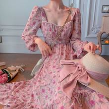 Fall Women Sweet Cottagecore Floral Printed High Waist Long Dress Female Square Collar Long Sleeve Buttons Dresses 2021 Vestido 2024 - buy cheap