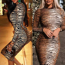 Women Tiger Stripes Tight Bodycon Midi Dress Ladies Long Sleeve Fashion Slim Club Evening Party Dress 2024 - buy cheap