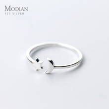 Anel de prata esterlina 925 ajustável, anel de dedo moderno e minimalista com estrela e lua abertas 2024 - compre barato