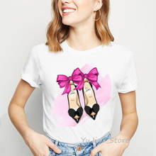 Camiseta estampa estilo paris com nó e laço, camiseta feminina estilo kawaii, camiseta hipster 2024 - compre barato