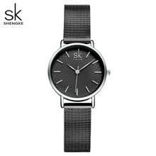 Shengke relógio de pulso feminino, relógio com pulseira de malha preta simples, analógico 2024 - compre barato