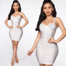 2019 Summer Women Fashion Rivet Solid White Bandage Dress  Vestidos Elegant Female Spaghetti Strap V-Neck Mini Club Dress 2024 - buy cheap