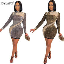 Women High Round Neck Hot Drill Mesh Splicing Bodycon Midi Dress Vestidos Long Sleeve zipper Party Club Dresses 2021 New 2024 - buy cheap