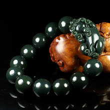 Natural verde hetian jade pulseira masculino e feminino 14mm contas redondas jade pulseira jóias presentes 2024 - compre barato
