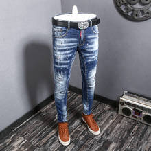 Calça jeans masculina de algodão, jeans da moda, retro, azul, elástica, slim fit, rasgada, designer pintado de hip hop, calças compridas 2024 - compre barato