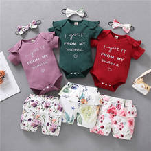 Conjunto de roupas femininas para bebês recém-nascidas, cores sólidas, manga curta, macacão floral, short, tiara para recém-nascidos, roupas infantis 2024 - compre barato