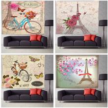 Tapiz de bicicleta y Torre Eiffel, manta colgante de pared, postal Vintage con flores, tapices, decoración de pared para dormitorio y sala de estar 2024 - compra barato