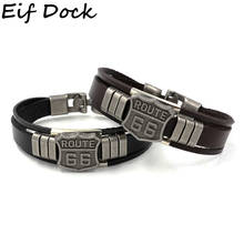 Eif Dock Trendy Leather Bracelet with California Route 66 Road Sign Motorcycle Biker Rider Black Bangles Males Jewelry Dropship 2024 - buy cheap