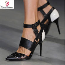 Intenção original moda mulheres sandálias legais preto branco sandálias salto fino senhoras bico fino sapatos femininos plus size 4-13 2024 - compre barato