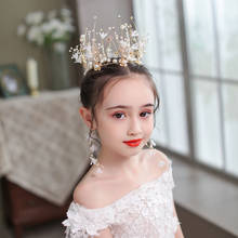 Gold Tiara Crown With Earrings Sets Girls Kids Handmade Diadems Pearls Crystal Headpiece Veil Hair Ornaments Party Gift 2024 - buy cheap