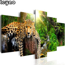 Pintura de diamante artesanal de 5 piezas, diamante cuadrado/redondo completo de leopardo de bosque, mosaico 5d, bordado de animales, arte bordado con aguja, imagen múltiple 2024 - compra barato