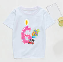 Детская мультяшная машина, 1-9 лет, футболка с принтом в виде номера на день рождения Детские футболки с воздушными шарами для дня рождения забавная Подарочная футболка для мальчиков и девочек 2024 - купить недорого