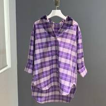 Женская фиолетовая Блузка в клетку, Женская однобортная Свободная Повседневная рубашка и топы, новинка 2021 2024 - купить недорого